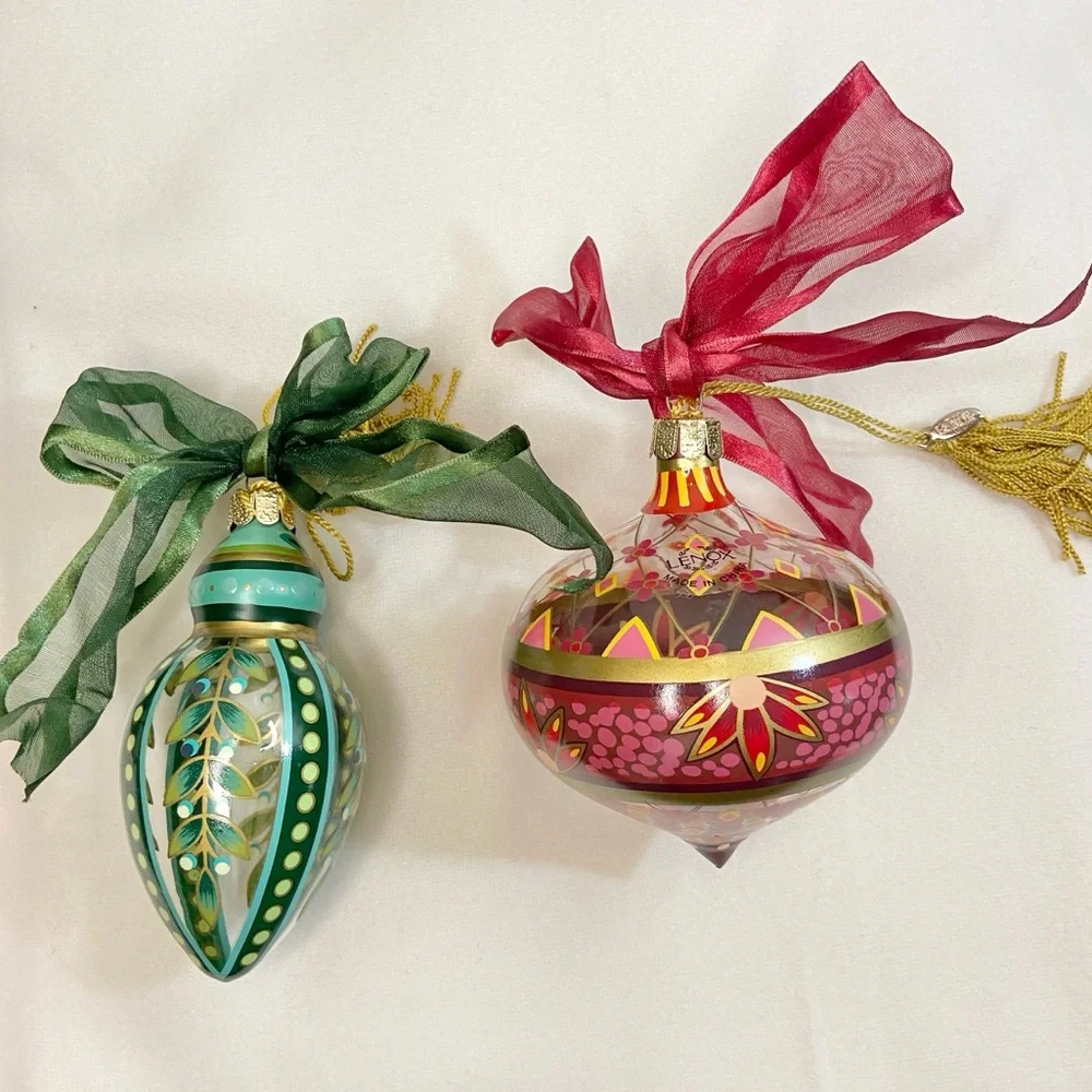 Lenox Hand Painted Gems Glass Christmas Bulb Ornaments Set of 2